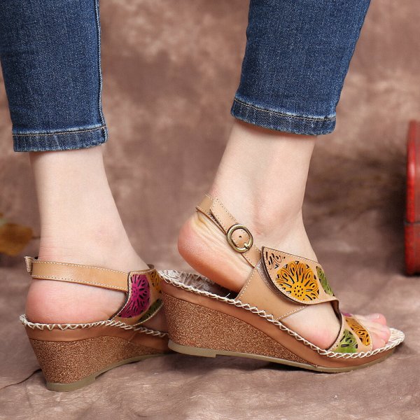 Handmade Leather Cutouts Stitching Adjustable Band Buckle Slingback Wedge Sandals