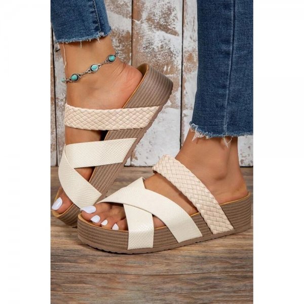 Beige Braided Detail Criss Cross Platform Slippers