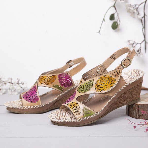 Handmade Leather Cutouts Stitching Adjustable Band Buckle Slingback Wedge Sandals