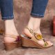 Handmade Leather Cutouts Stitching Adjustable Band Buckle Slingback Wedge Sandals